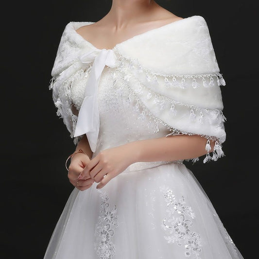 Fringed warm white wedding shawl faux fur