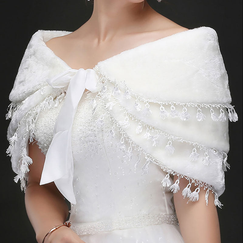 Fringed warm white wedding shawl faux fur