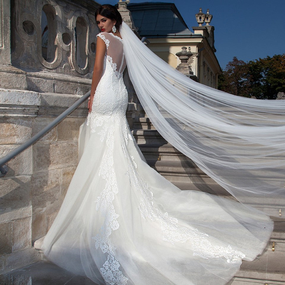 Waltz Cut Edge White Long Bridal Wedding Veil One Layer with Comb