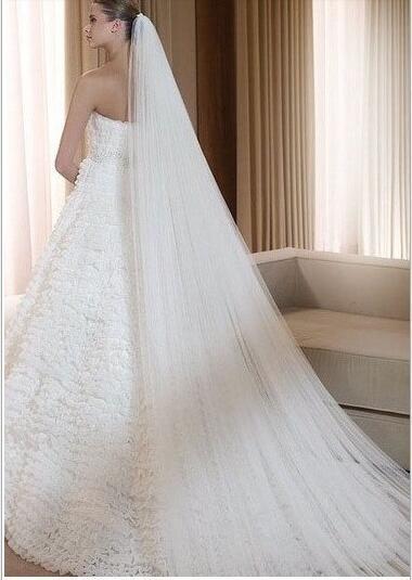 Waltz Cut Edge White Long Bridal Wedding Veil One Layer with Comb