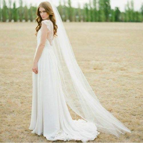 Waltz Cut Edge White Long Bridal Wedding Veil One Layer with Comb