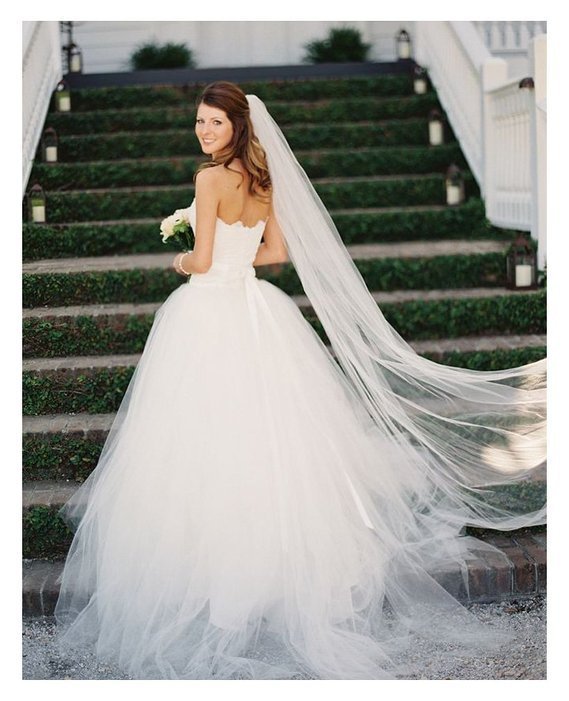 Waltz Cut Edge White Long Bridal Wedding Veil One Layer with Comb