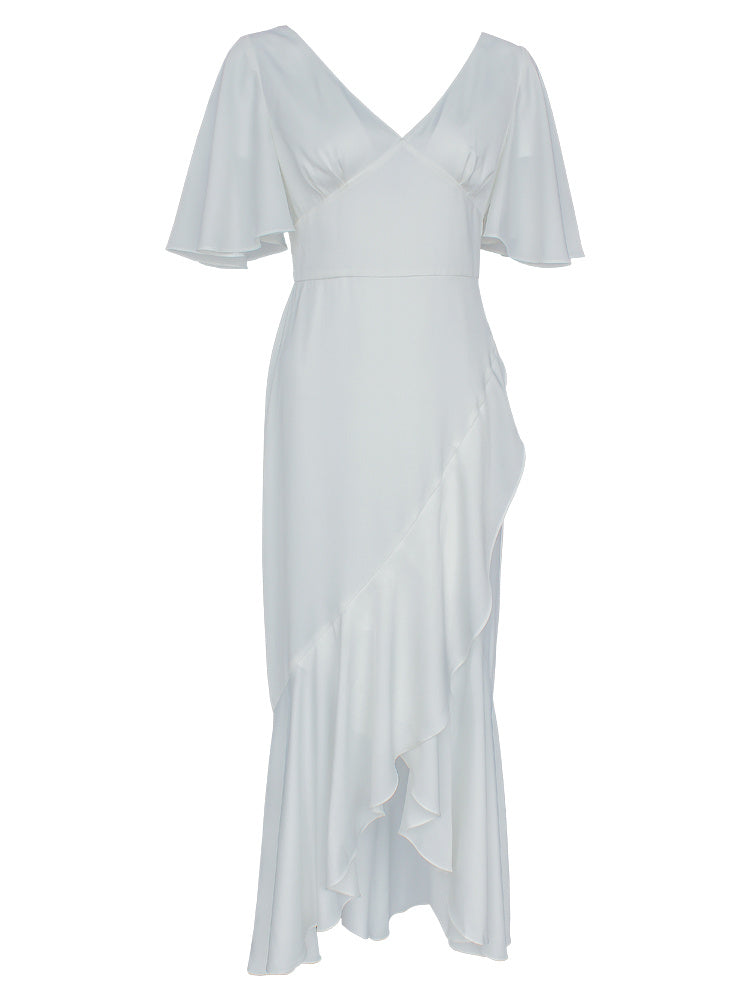 Women's Satin French White Short Sleeved Elegant Wedding Dress