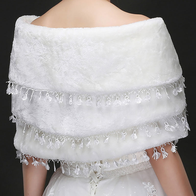 Fringed warm white wedding shawl faux fur