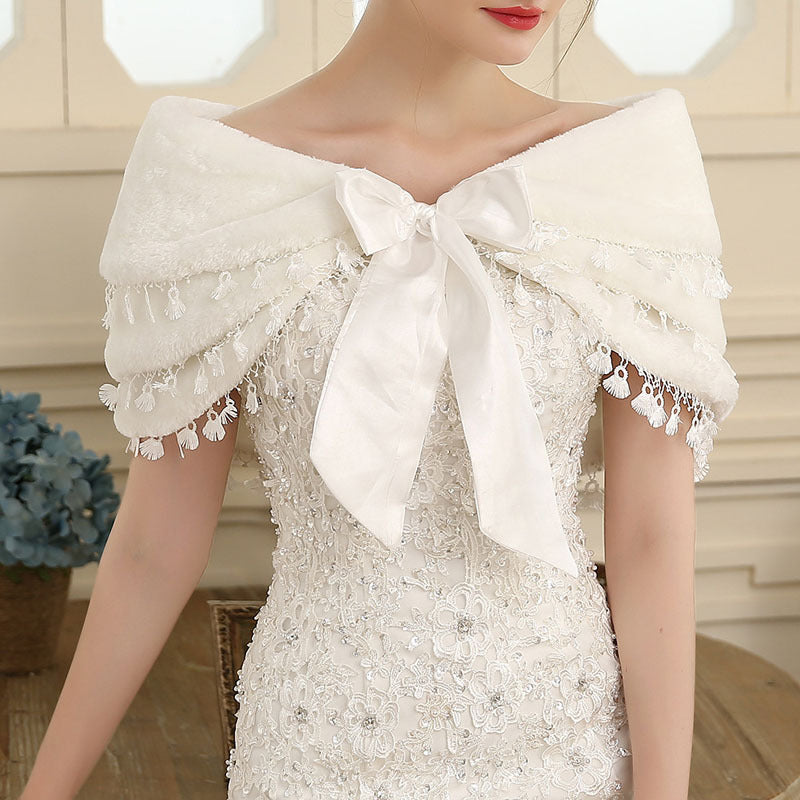 Fringed warm white wedding shawl faux fur