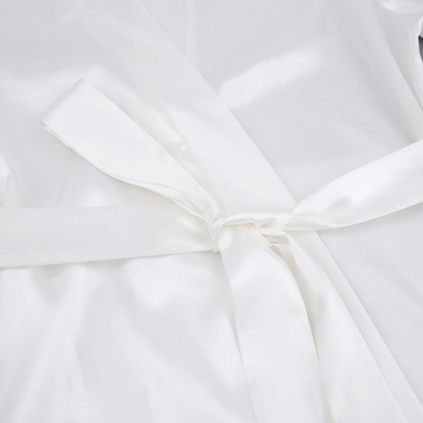 White Fashion Bowknot Pajamas Satin-Feel Long Bridal Robe