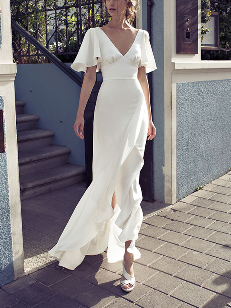 Women's Satin French White Short Sleeved Elegant Wedding Dress