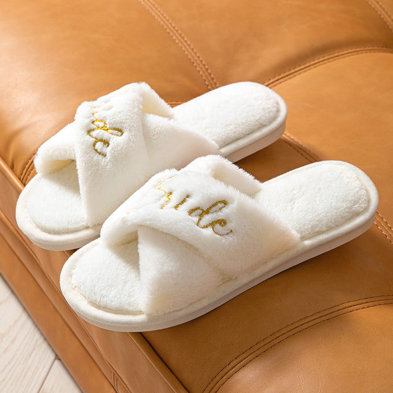 Bride White Fur Cross Interior Cotton Slippers With "Bride" written on top