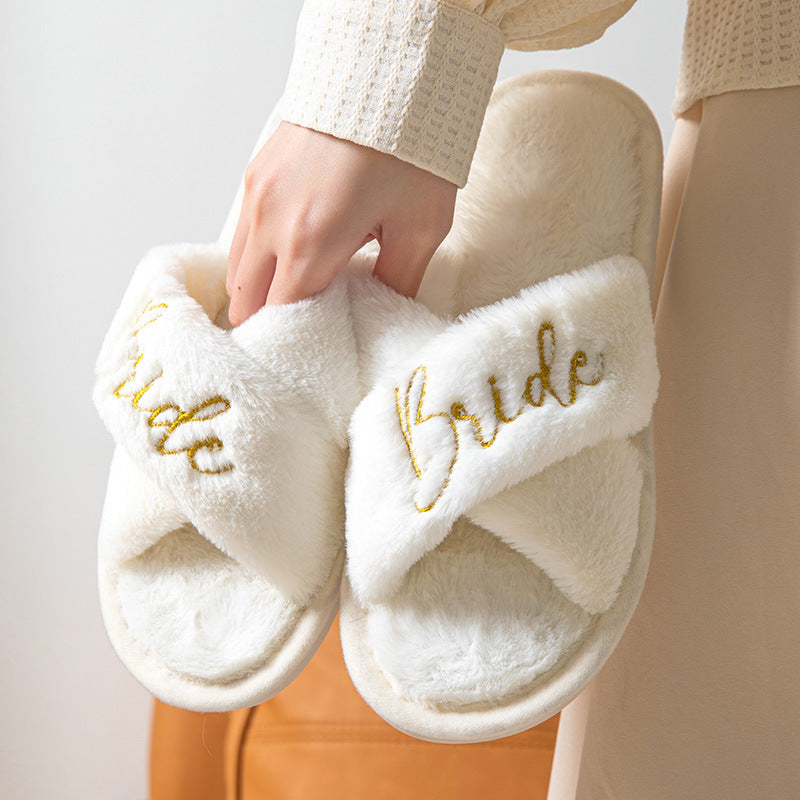 Bride White Fur Cross Interior Cotton Slippers With "Bride" written on top