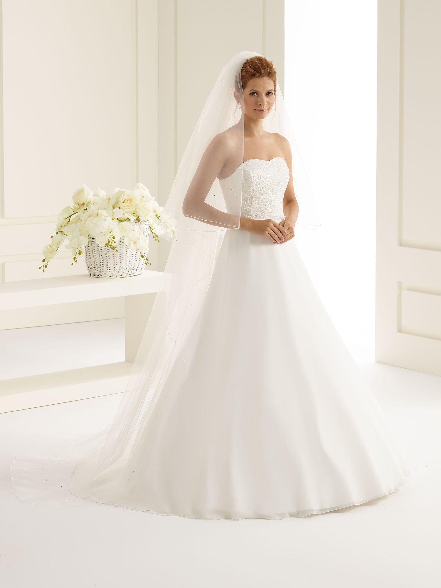 Two-layered corded edge with with crystals diamond tulle veil S126-Bianco Evento