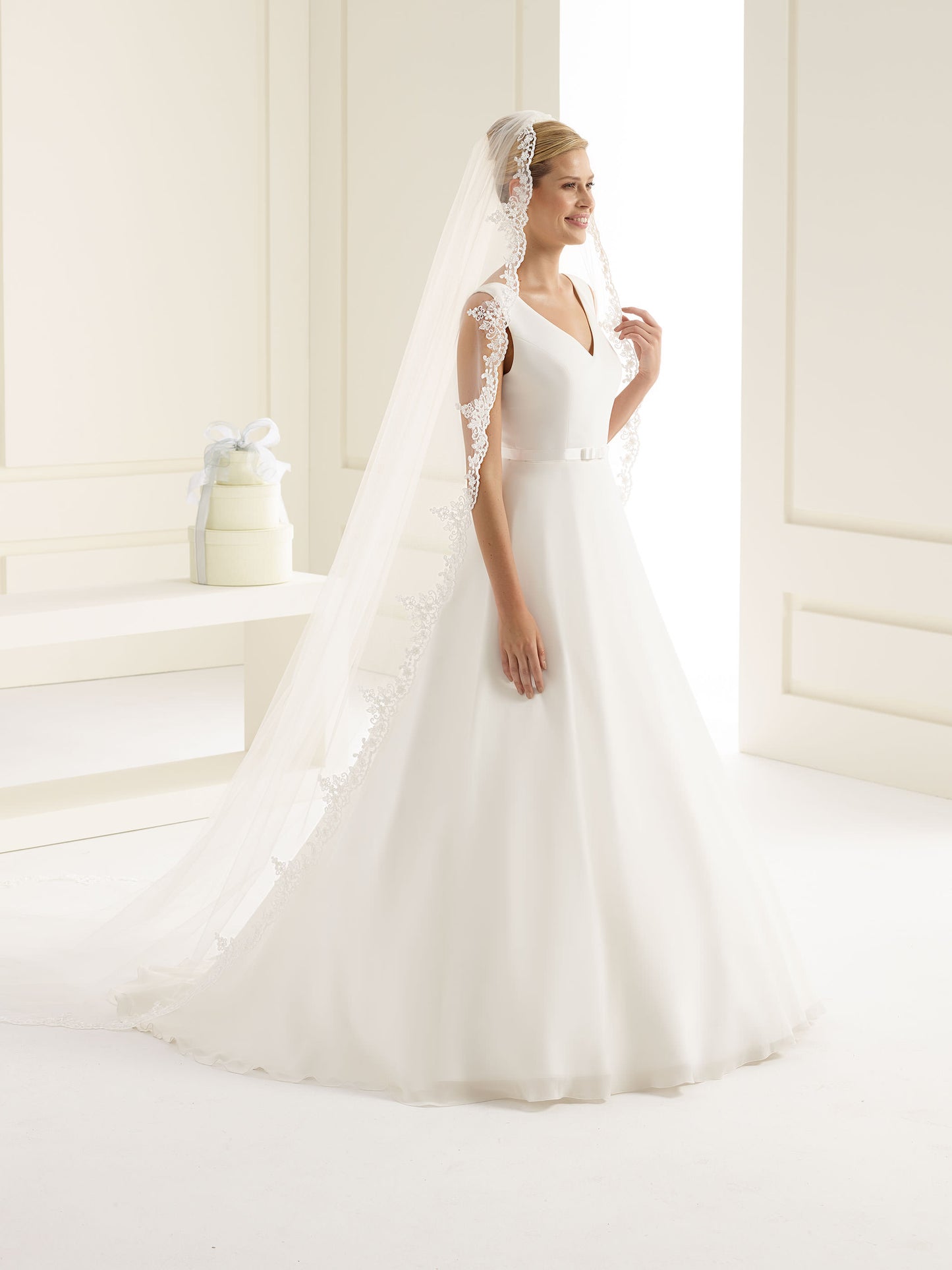 One-layered lace edge with glass beads diamond tulle veil S129-Bianco Evento