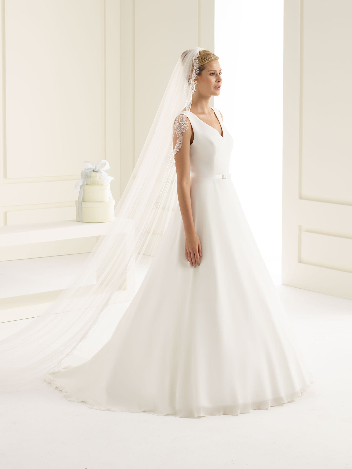 One-layered lace edge  soft tulle veil S161-Bianco Evento