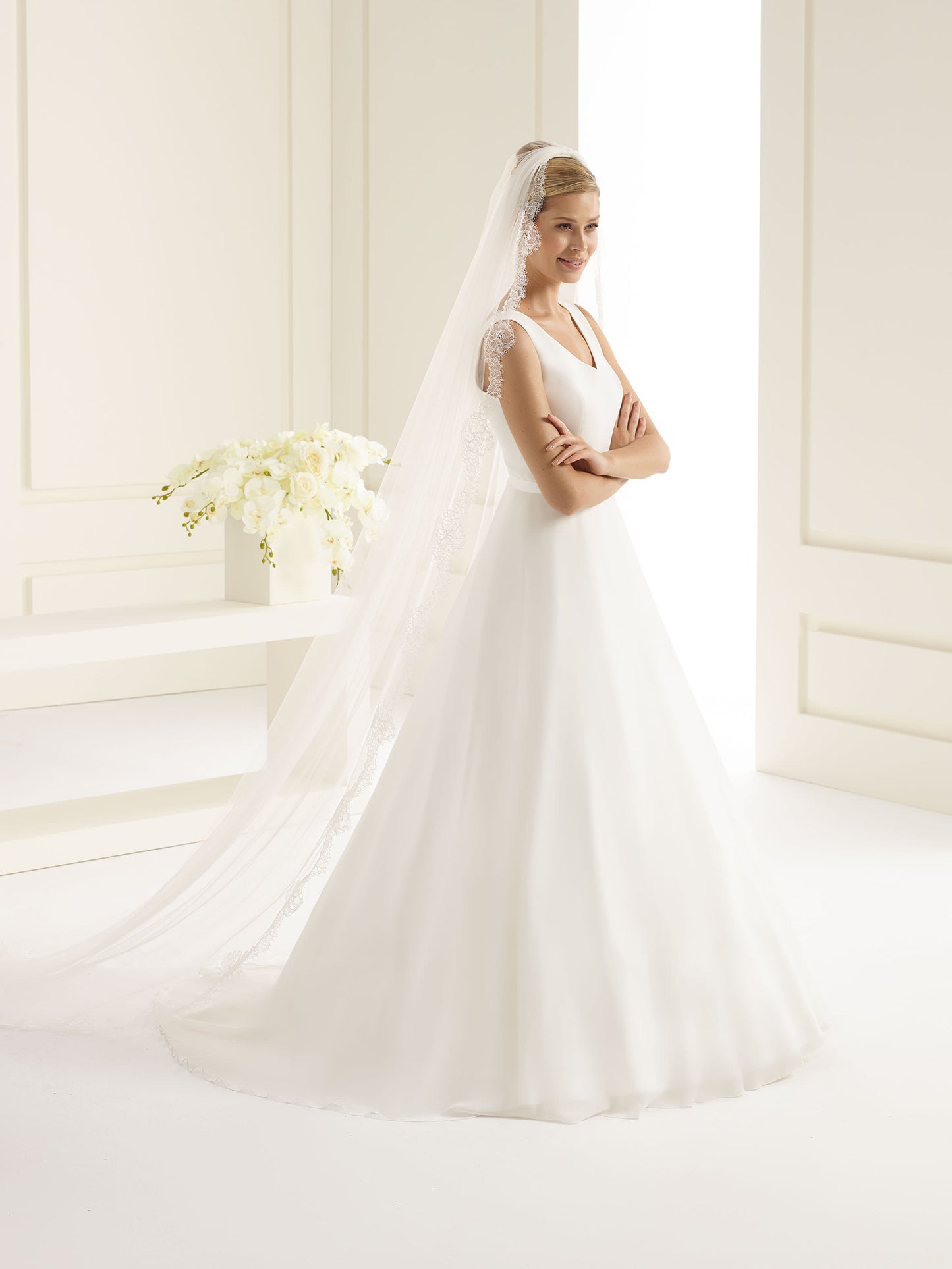 One-layered lace edge  soft tulle veil S218-Bianco Evento