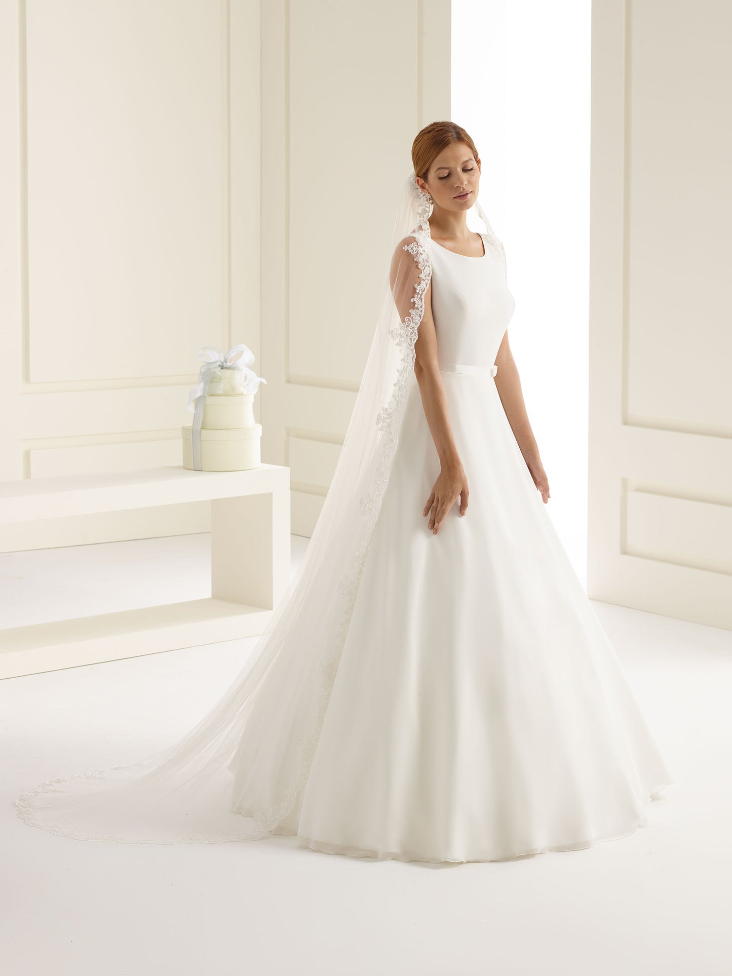 One-layered lace edge with glass beads soft tulle veil S219-Bianco Evento