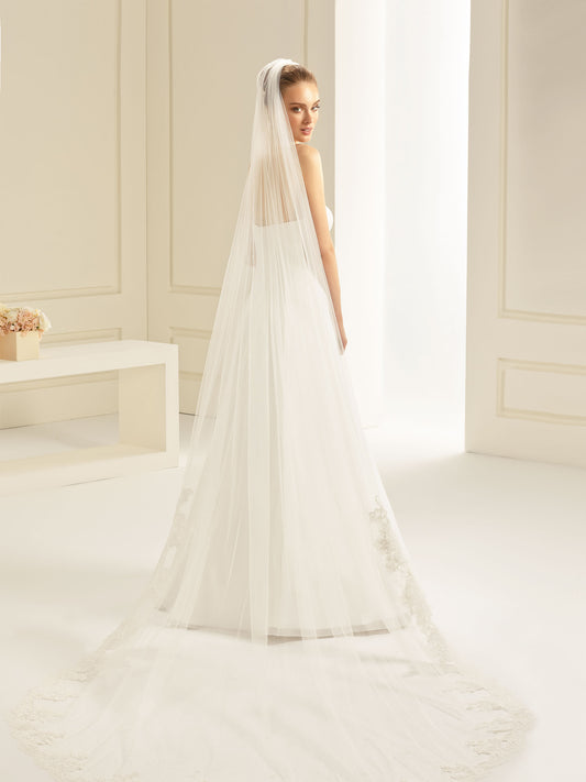 One-layered cut edge and lace edge  soft tulle veil S248-Bianco Evento