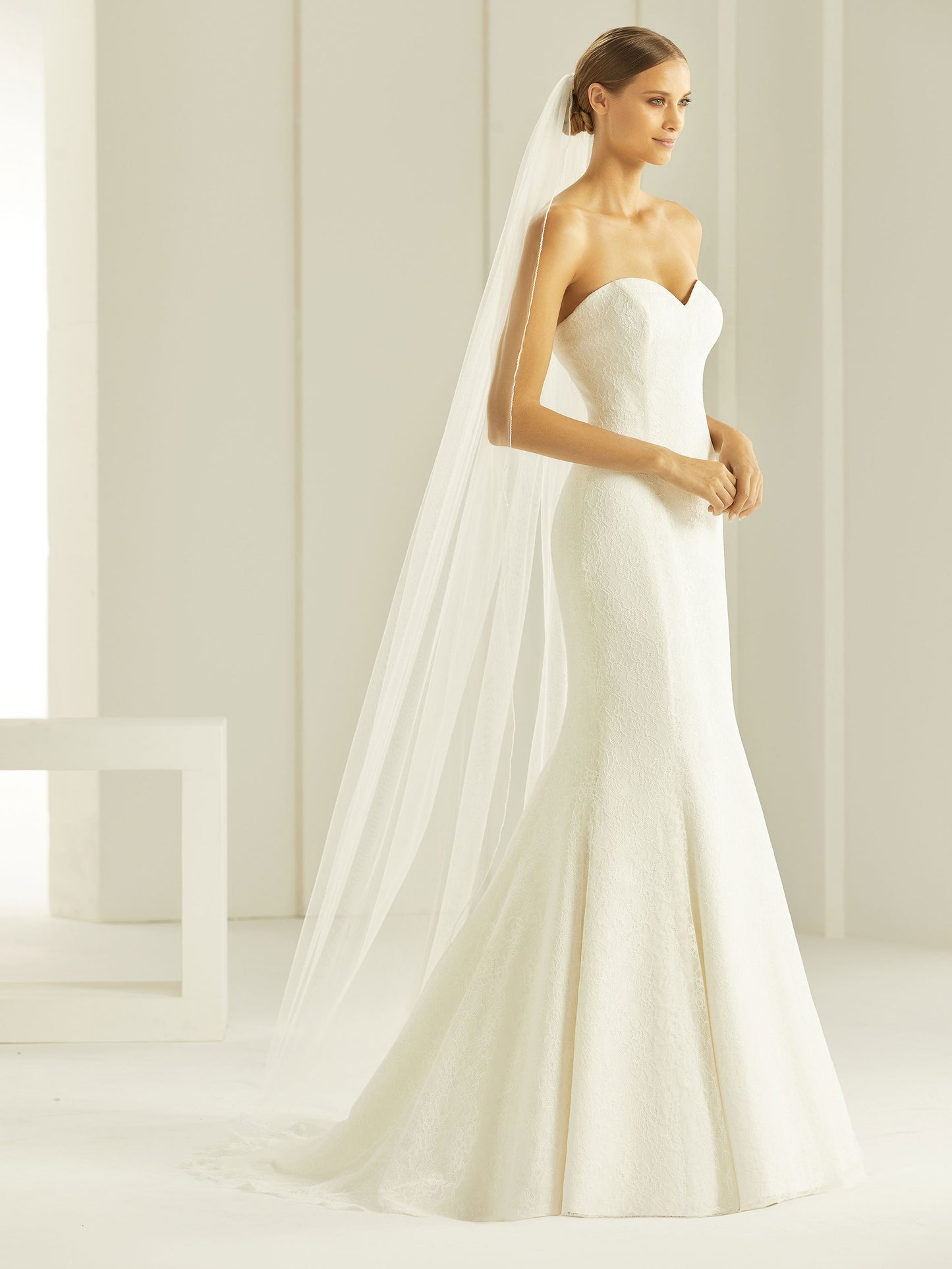 One-layered glass beads edge  soft tulle veil S260-Bianco Evento