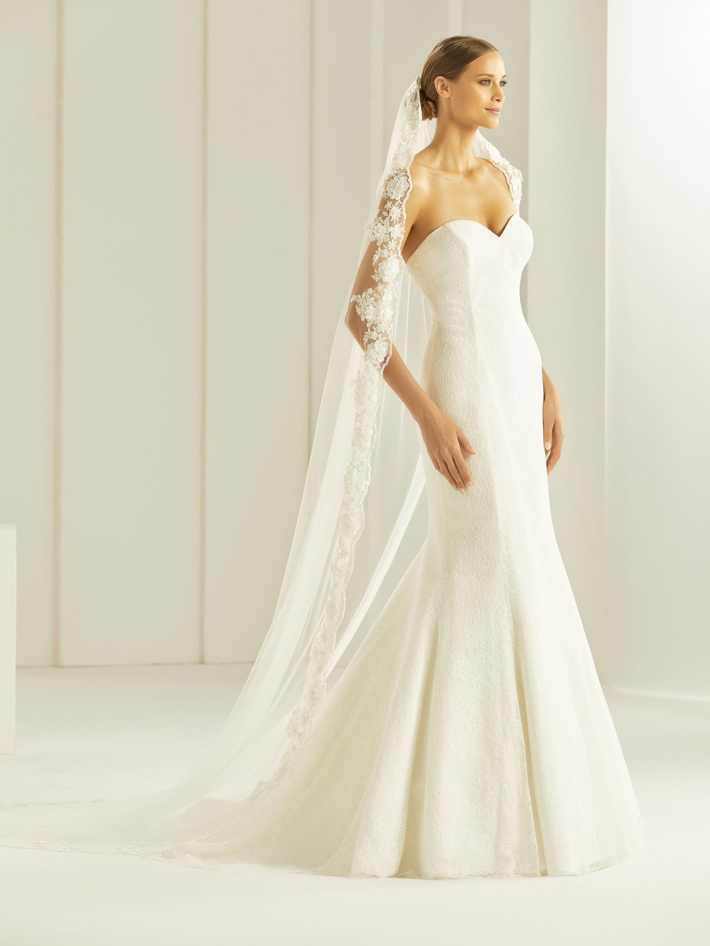 One-layered lace edge  soft tulle veil S274-Bianco Evento