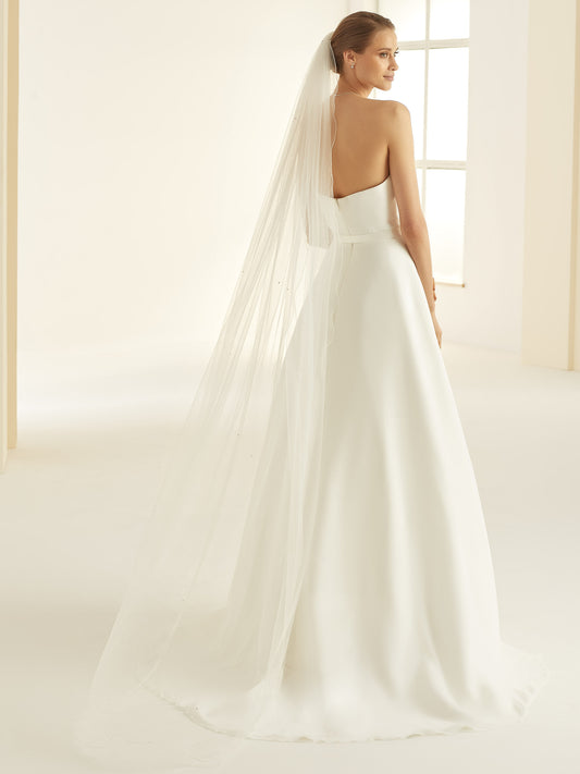 One-layered corded edge with crystals soft tulle veil S321-Bianco Evento