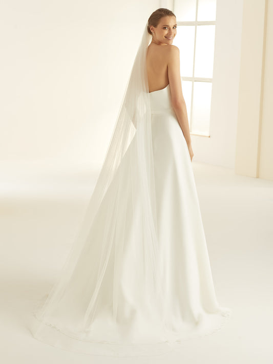 One-layered beaded edge  soft tulle veil S346-Bianco Evento