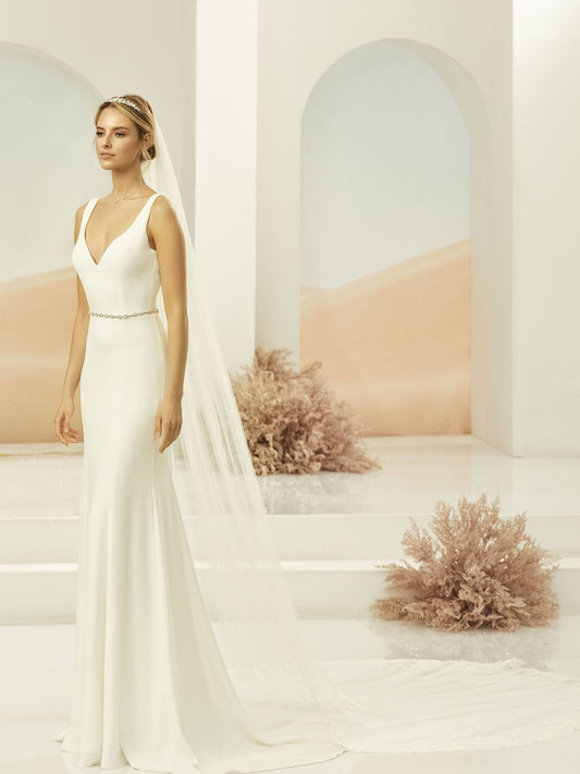 One-layered cut edge and lace edge  soft tulle veil S347-Bianco Evento