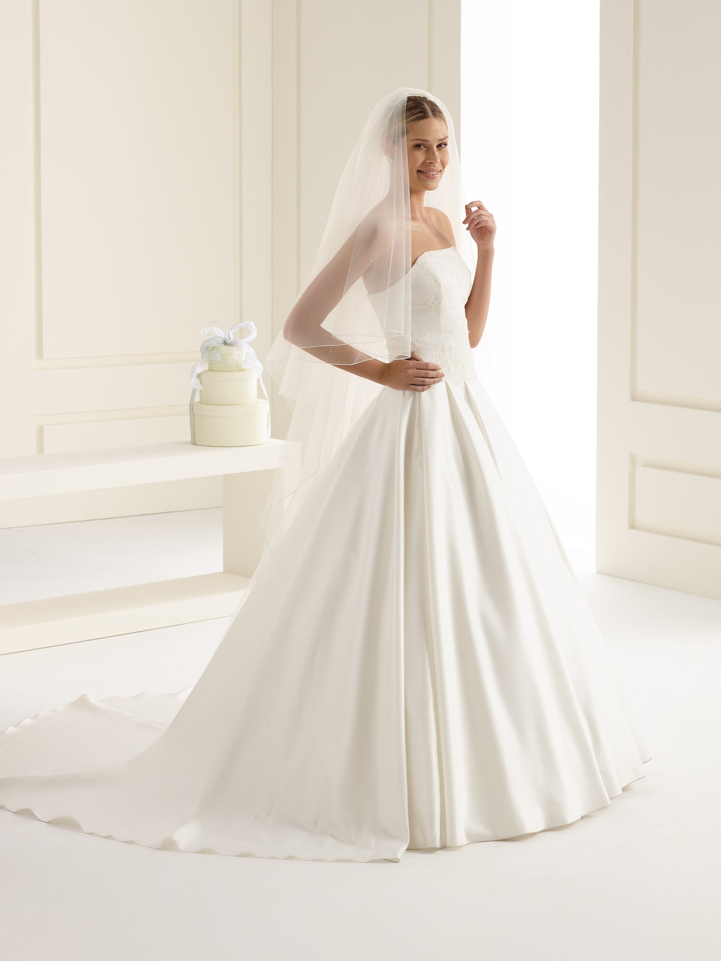 Two-layered corded edge with crystals diamond tulle veil S35-Bianco Evento