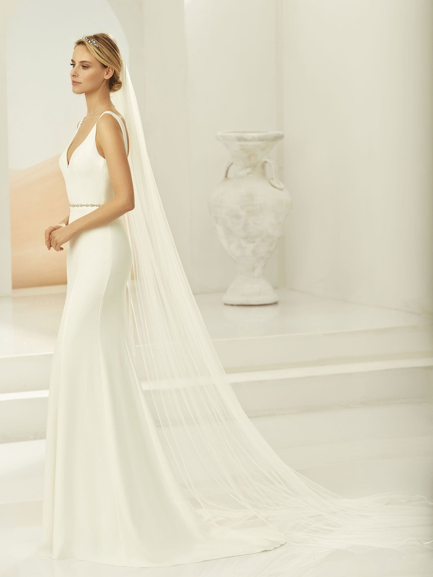 One-layered satin edge  soft tulle veil S389-Bianco Evento