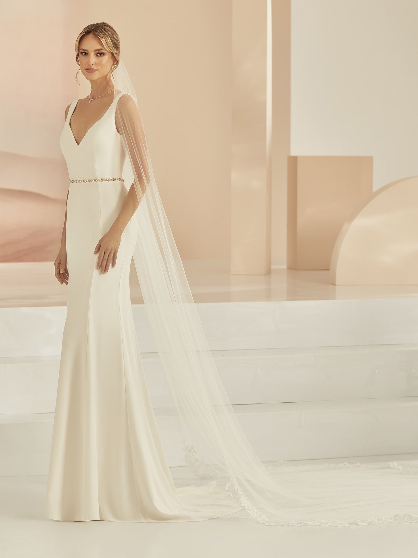 One-layered cut edge and lace edge  soft tulle veil S406-Bianco Evento