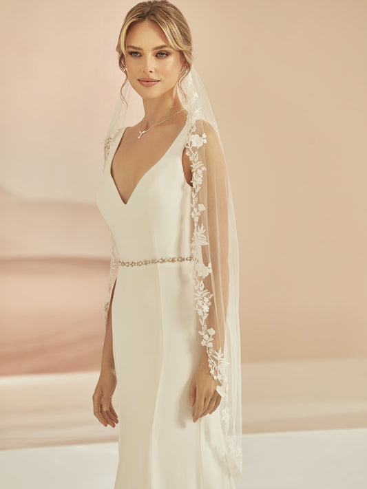 One-layered lace edge with beads soft tulle veil S413-Bianco Evento