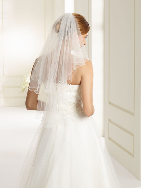 Two-layered corded edge with crystals beads soft tulle veil S72-Bianco Evento