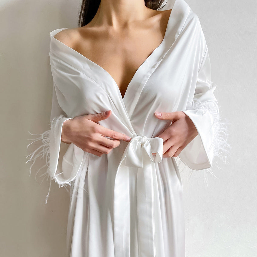White Fashion Bowknot Pajamas Satin-Feel Long Bridal Robe