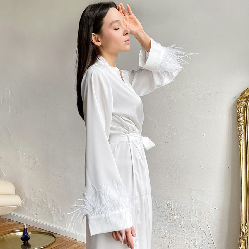 White Fashion Bowknot Pajamas Satin-Feel Long Bridal Robe