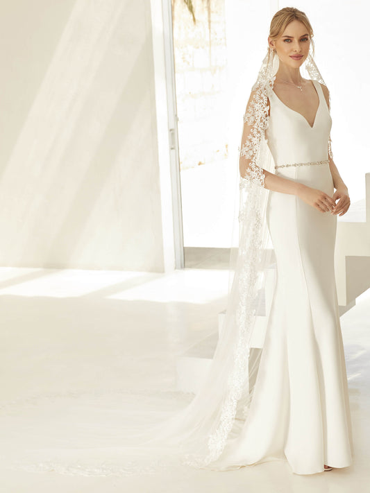 One-layered lace edge with sequins soft tulle veil S420-Bianco Evento