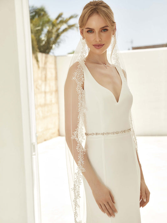 One-layered lace edge with glass beads and sequins soft tulle veil S441-Bianco Evento