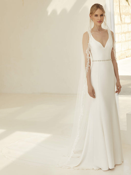 One-layered lace edge with glass beads and sequins soft tulle veil S449-Bianco Evento