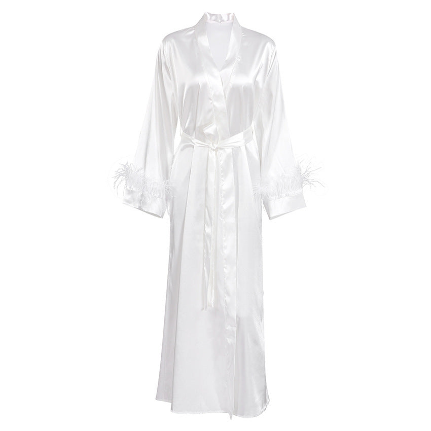 White Fashion Bowknot Pajamas Satin-Feel Long Bridal Robe