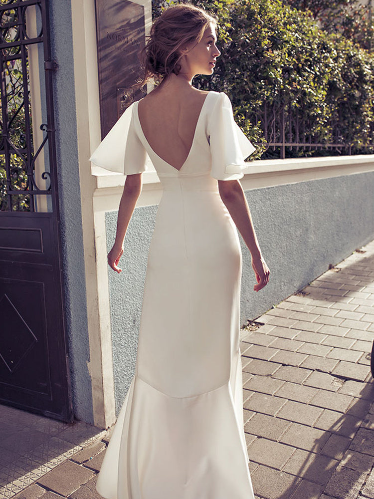 Women's Satin French White Short Sleeved Elegant Wedding Dress