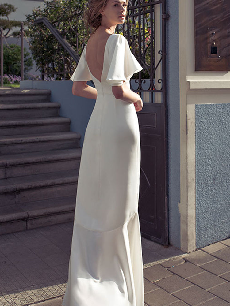 Women's Satin French White Short Sleeved Elegant Wedding Dress