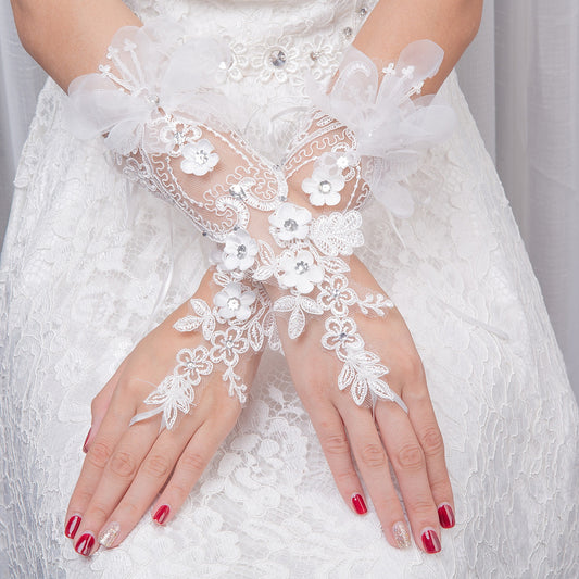 Bridal Wedding Gloves "Diamond" Studded Hollow Mesh