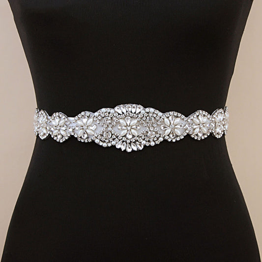 Bridal wedding belt with rhinestone decoration and white back strap