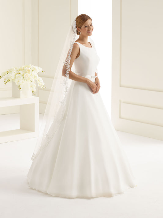 One-layered lace edge with glass beads diamond tulle veil S102-Bianco Evento