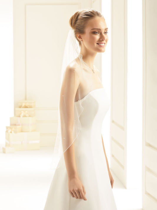 One-layered corded edge with crystals beads soft tulle veil S246-Bianco Evento