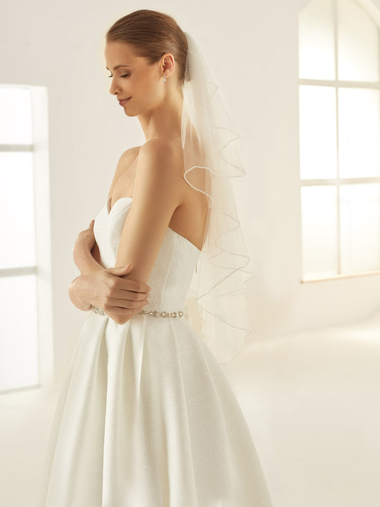 One-layered glass beads edge  soft tulle veil S308-Bianco Evento