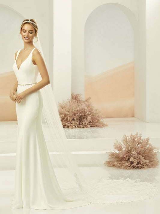 One-layered cut edge and lace edge  soft tulle veil S342-Bianco Evento