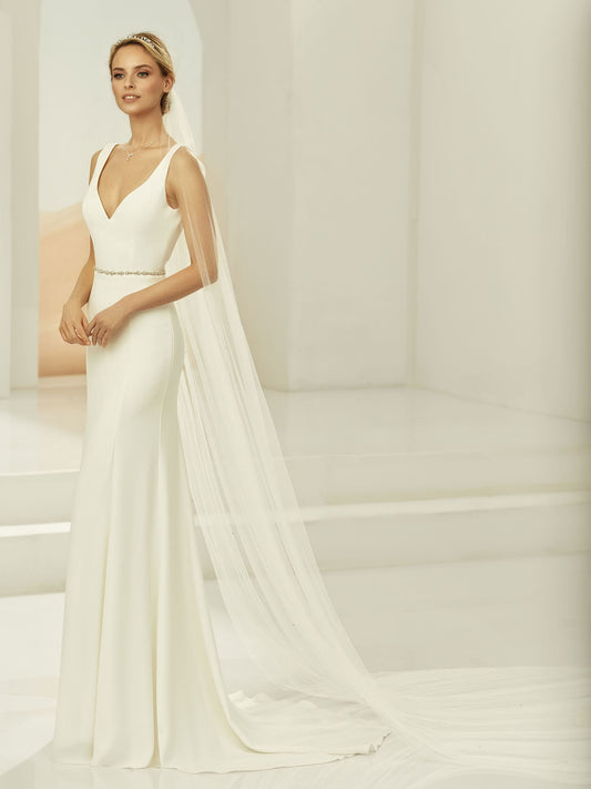 One-layered cut edge with crystals soft tulle veil S382-Bianco Evento