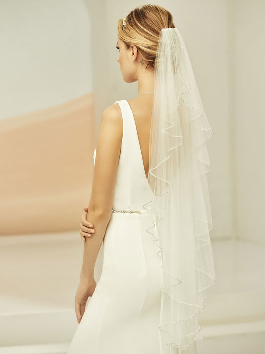 One-layered beaded edge  soft tulle veil S399-Bianco Evento