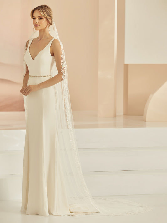 One-layered lace edge with sequins soft tulle veil S407-Bianco Evento