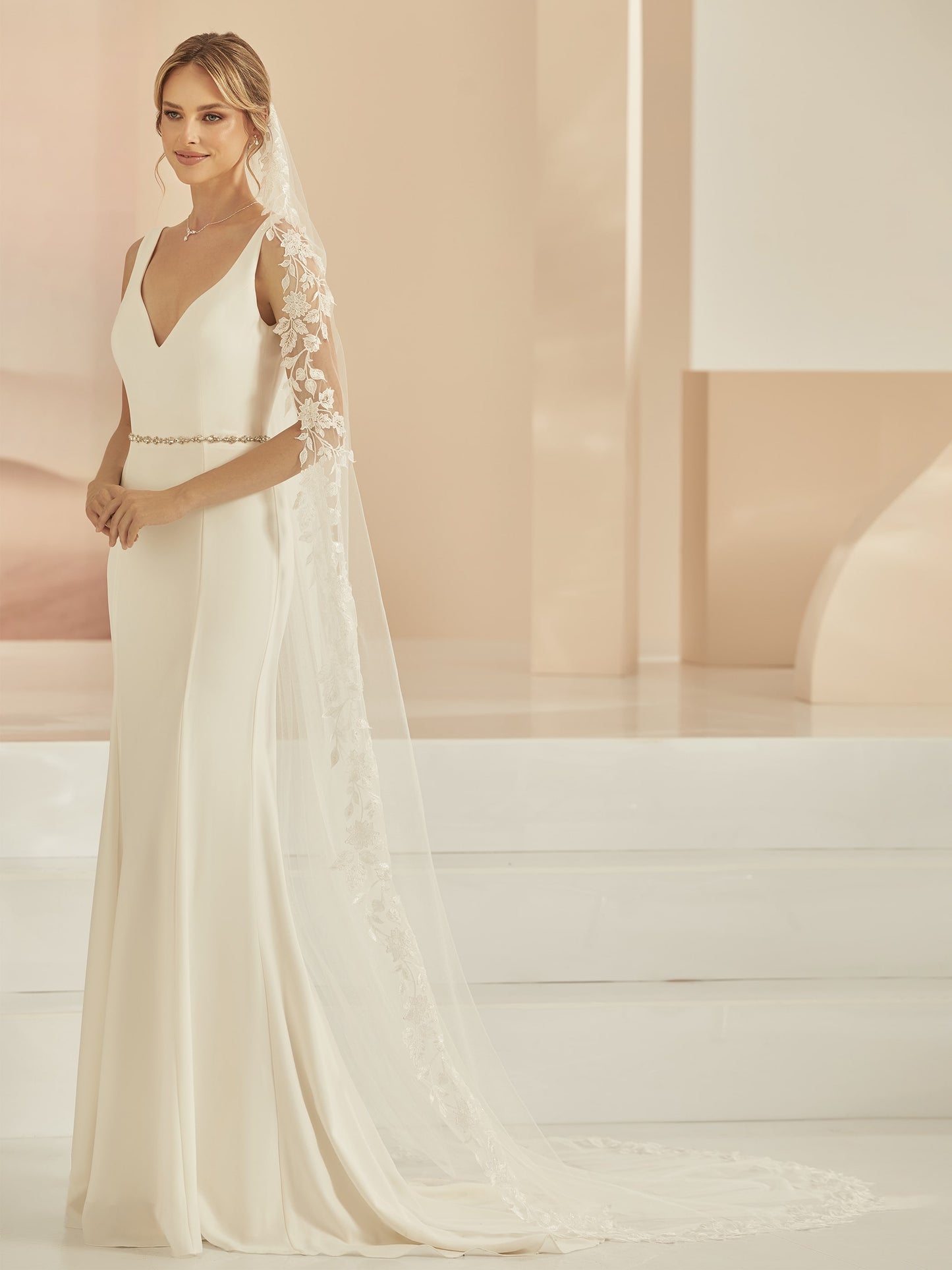 One-layered lace edge  soft tulle veil S408-Bianco Evento
