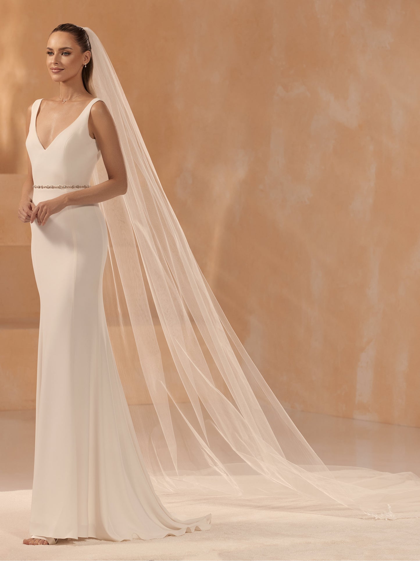 One-layered cut edge and lace edge with sequins diamond tulle veil S451-Bianco Evento