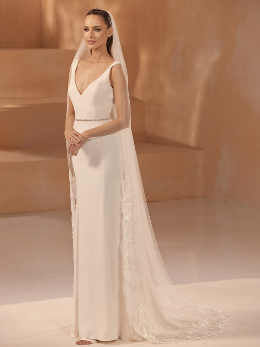 One-layered cut edge and lace edge with sequins soft tulle veil S471-Bianco Evento