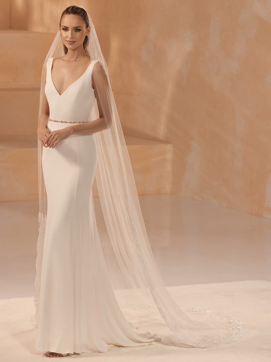 One-layered cut edge and lace edge with sequins soft tulle veil S473-Bianco Evento